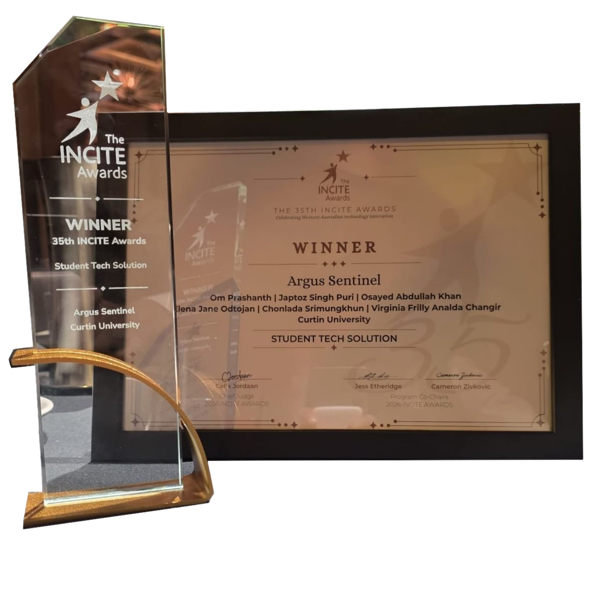 ARGUS Sentinel INCITE Awards trophy and certificate